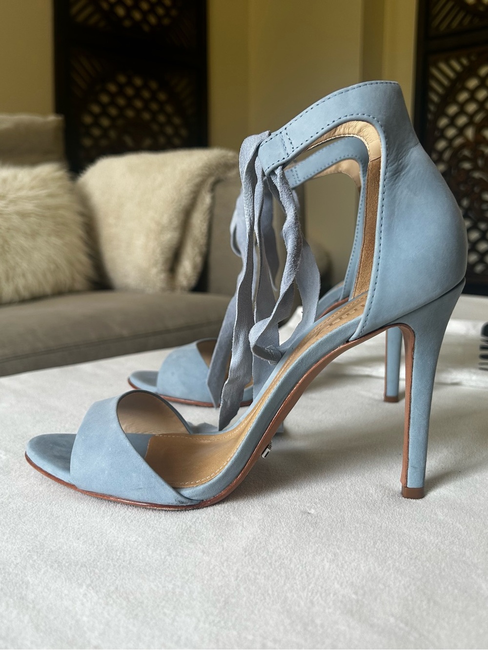 SCHUTZ Powder Blue Suede Lace-Up Heeled Sandals - Picture 4 of 8